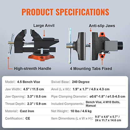 VEVOR Bench Vise, 4.5-inch Jaw Width 3.3-inch Jaw Opening, 240-Degree Swivel Locking Base Multipurpose Vise w/Anvil, Heavy Duty Cast Iron Workbench Vise w/Bolts & Nuts, for Drilling, Pipe Cutting - size: 4.5 Inch