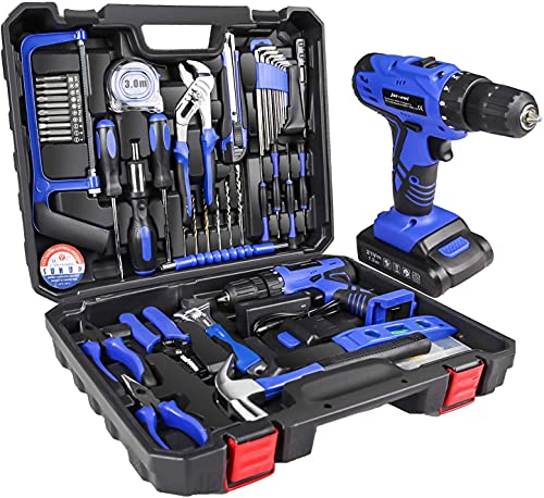 jar-owl 21V Tool Set with Drill, 350 in-lb Torque, 0-1350RMP Variable Speed, 10MM 3/8'' Keyless Chuck, 18+1 Clutch, 1.5Ah Li-Ion Battery & Charger for Home Tool Kit - style: 21V Brushed Motor Blue