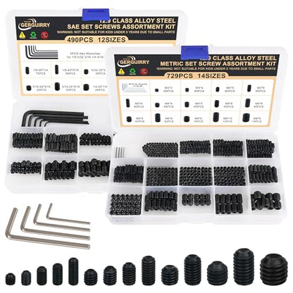 1219Pcs 26Sizes Set Screw Assortment Kit Metric & SAE 12.9 Class Alloy Steel Grub Screws, Internal Hex Allen Drive Cup Point Set Screws for Bathroom Fixtures Door Handles (M3-M8, 1/8"-40 to 5/16"-18) - size: 1219PCS 26Size