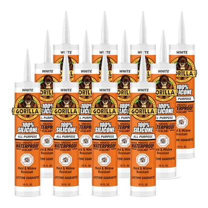 Gorilla 100% Silicone Sealant All Purpose, 10 Ounce Cartridge, White (Pack of 12) - color: White, size: 12 Pack