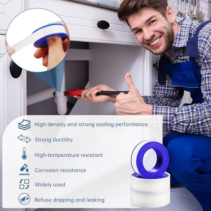 6 Rolls Premium Plumbers Tape, Teflon Tape, PTFE Thread Seal Tape, High-Density Thread Sealant, for Shower Head, Water Pipes (1/2 in X 394 in)