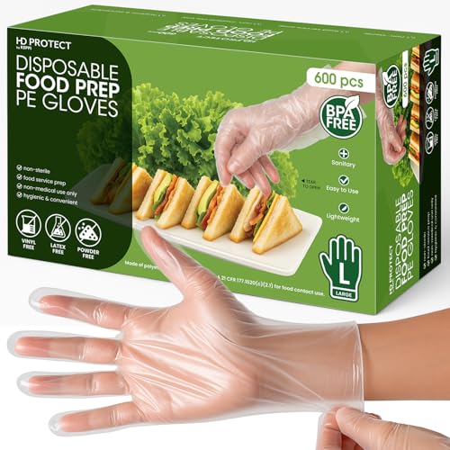 Keppi HD PROTECT Disposable Plastic Gloves 600 Pack (Large) – Food Safe, BPA & Latex-Free HDPE Gloves for Cooking, Food Prep, Kitchen Use, Serving & Crafts – Clear, Single-Use, Comfortable Fit - color: Poly Gloves, size: Large