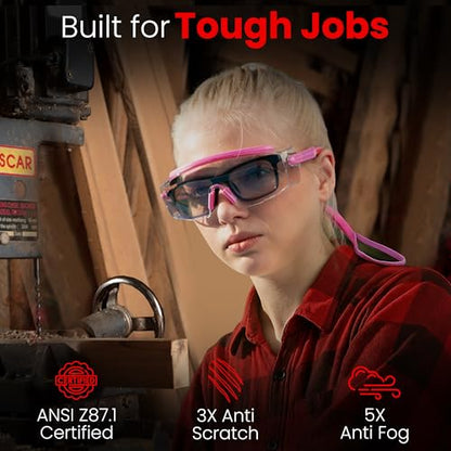 Safety Glasses & Goggles – ANSI Z87, Adjustable, 5X Anti-Fog ClearShield™ Lenses, Includes Premium EVA Hard Case - color: Pink