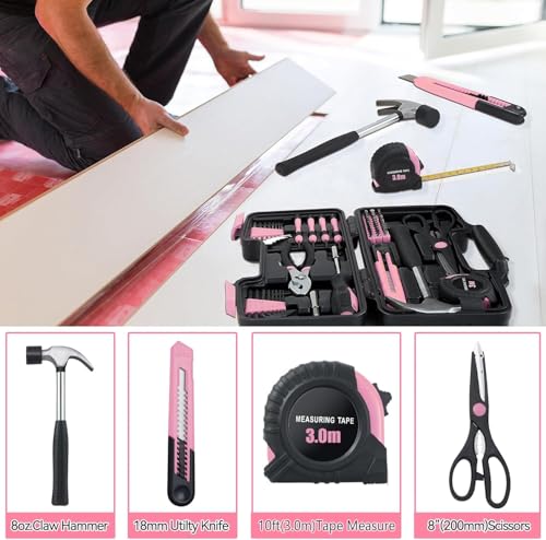 MARTCOLOR 58 Piece Household Tool Set, General Household Hand Tool Kit with Plastic Toolbox Storage Case, All Purpose Household Tool Kit for Women, Girls and Ladies, Pink - color: Pink