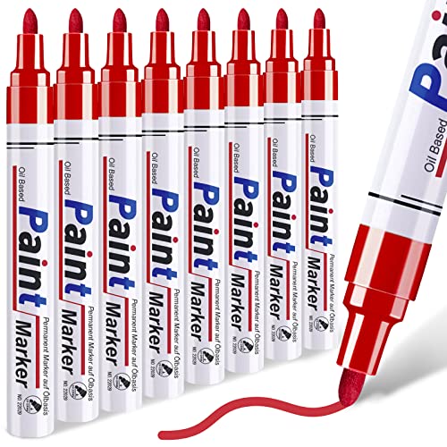 Red Paint Markers - 8 Oil Based Pens, Medium Tip, Quick Drying and Waterproof for Metal, Rock Painting, Wood, Fabric, Plastic, Canvas, Mugs - color: Red