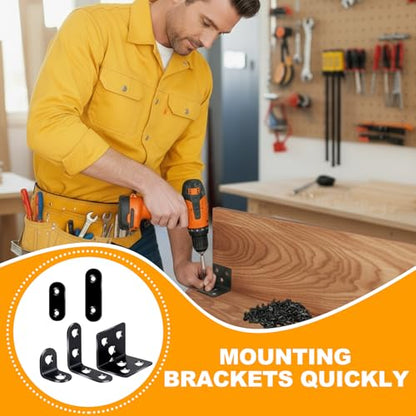 24PCS Stainless Steel L Brackets, Heavy Duty Corner Braces for Wood Furniture & Shelves, 5-Size Black Metal Angle Brackets with Screws(0.79/1.2/1.4/1.57/1.97inch)