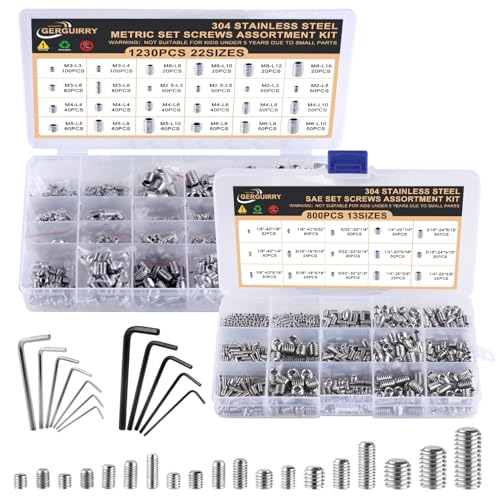 2030PCS Set Screws Assortment Kit, 35Sizes Metric & SAE Stainless Steel Screws, Allen Head Socket Hex Grub Set Screws for Bathroom Fixtures, Towel Bar (M2-M8, 1/8"-40 to 5/16"-18) - size: 2030PCS 35Size