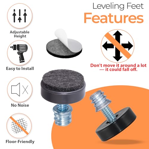 NEWBYTEK 24 Pack M6 Thread Adjustable Furniture Levelers with Self-Adhesive Felt Pads – 1" Leveling Feet & Floor Protectors for Chairs, Tables on Hardwood Floors