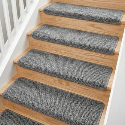 MBIGM Bullnose Non-Slip Stair Treads w/Reusable Adhesive 14 Pack 9.5" x 30" Wooden Steps Protection - TPU Backing with Steel Reinforcement - Anti-Slip Solution Knitted Dark Gray Non Slip Stair Tread - color: Dark Gray - Knitted