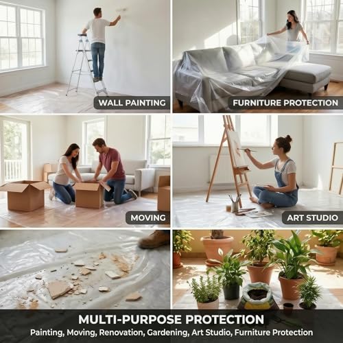 24 Pack Plastic Drop Cloths for Painting, 9 x 12 FT Clear Painters Plastic Sheeting, Disposable Drop Cloth for Floor, Furniture, Couch & Carpet Protection - color: 24 - Pack