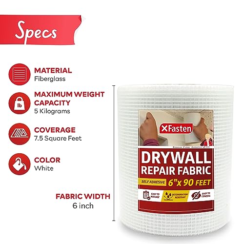 XFasten Drywall Repair Mesh Tape - 6-Inch X 90-Foot Mesh Tape for Drywall Repair, Fiberglass Drywall Patch Hole, Heavy Duty Wall Repair Mesh Spackle Tape, Wall Crack and Seam Repair Joint Tape - size: 6-inches By 90-feet
