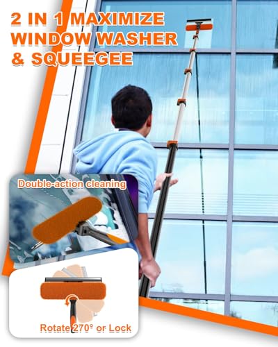 30Ft Reach Solar Panel Cleaning Brush Kit with 5-24ft Telescoping Pole, Water Fed Window Cleaner Tool with 20" Brush, Soap Dispenser, Cobweb Duster, Squeegee for Roof, RV, Gutter, Boat, Deck - color: Orange