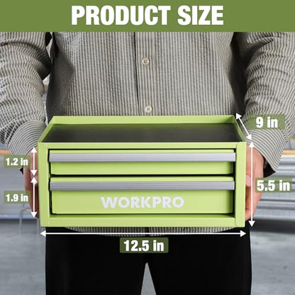 WORKPRO 12.5" Mini Tool Box with 2 Drawers & 1 Open Top Storage, Small Metal Tool Chest with PVC Liners & PP Feet Pads, Cold Rolled Steel Toolbox with Drawer Liners & Magnetic Tabs - color: Macaron Green