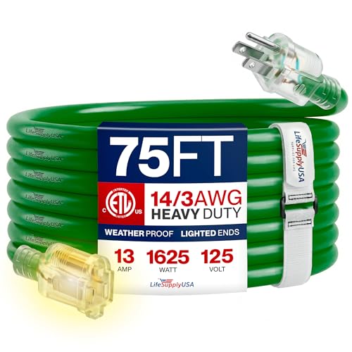 75ft Outdoor/Indoor Extension Cord 14/3 Gauge Heavy Duty 3 Prong SJTW, Waterproof, ETL Listed, Flexible Cold-Resistant Long Power Cord,13A 125V 1625W, Green by LifeSupplyUSA - color: Green, size: 75 FT, style: 14 Gauge (HEAVY DUTY)