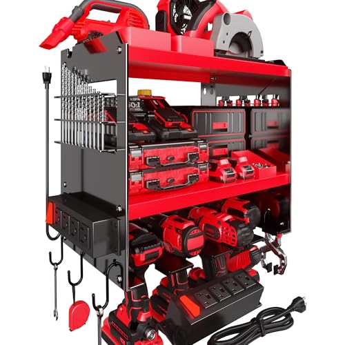 Spampur Power Tool Organizer Wall Mount with Charging Station, Tool Battery Holder with 4 Outlet Power Strip, 15 Min Assembly & Maximum 100lb Load by Heavy Duty Metal, 4 Slots for Cordless Drill - color: Red, size: 4 Slots