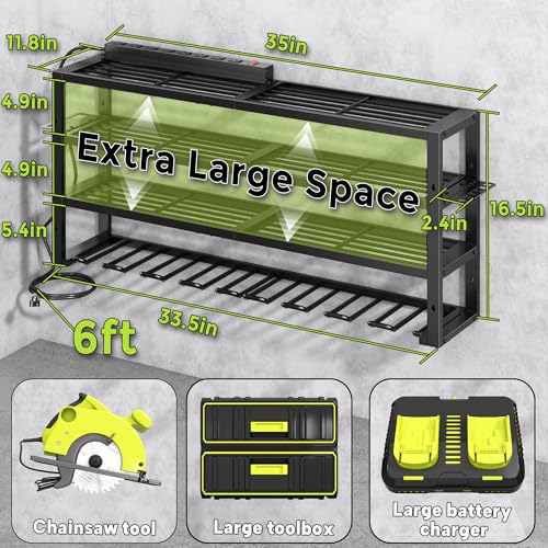 Large Power Tool Organizer Wall Mount with Charging Station, 8 Outlet Power Strip, 4 Layers 8 Drill Holder Heavy Duty Metal Tool Storage Loads 420lbs with Screwdriver Holder, Utility Racks for Garage