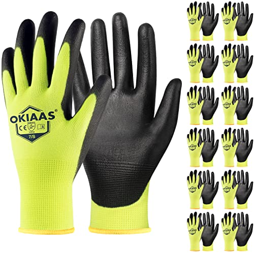 OKIAAS Work Gloves for Men - Ultra Thin and Lightweight With Grip, 12 Pairs Bulk Pack Construction With Polyurethane Coating, Safety for Light Duty Work (Green, Small) - color: Yellow (12 Pairs), size: Small