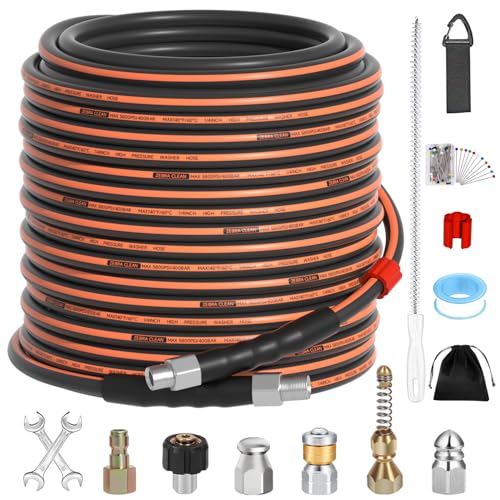 100FT Sewer Jetter Kit for Pressure Washer, 1/4" NPT Corner Drain Cleaner Hose 5800 PSI with Sewer Jetting Nozzles, Pearl Corsage Pin, Waterproof Tape, Extension Cord Organizer&2 Spanner - size: 100FT