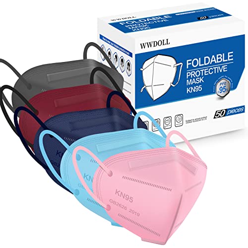 WWDOLL KN95 Face Mask 50 PCs, Multiple Colour 5 Layers KN95 Masks, Disposable Respirator Protection Mask for Men and Women(Pink, Blue, Grey, Red, Purple) - color: Multicolored Pink