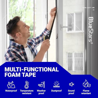 BlueStars Ultra Durable 1/2 in x 1/2 in 13FT Adhesive Foam Tape, Thermal Rubber Strip, for Doors & Windows, Soundproofing & Sealing