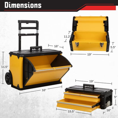 Rolling Tool Box with Wheels - Stackable Tool Box Organizer - Portable Metal Toolbox Tool Chest with Drawers for Garage Workshop by Stalwart (Yellow)