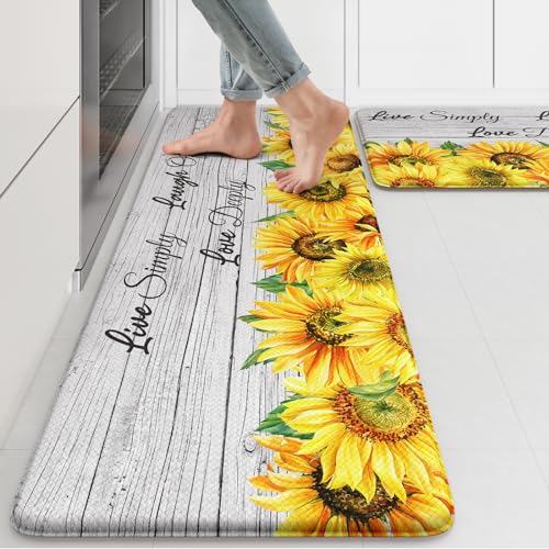 KIMODE Anti Fatigue Kitchen Mat, Farmhouse Sunflower Kitchen Rugs Sets of 2, Kitchen Floor Mats Non-Slip Cushioned, Comfort Kitchen Mats for Floor Sink, Laundry, Desk White 17"x47"+17"x29" - color: Sunflower/White, size: 17.3" x 47"+17.3" x 29"--0.47 inch