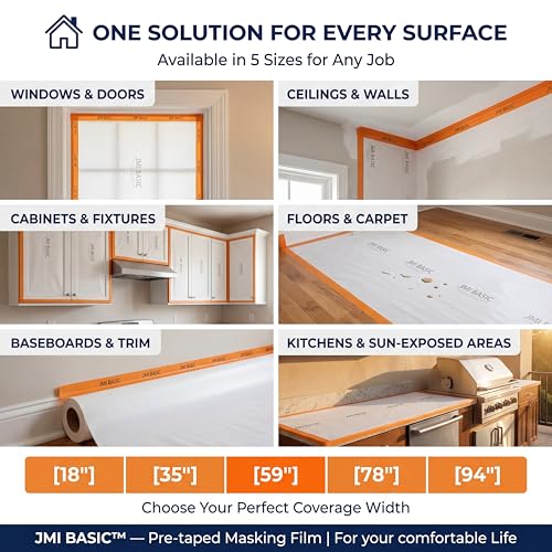 Pre-Taped Masking Film Sets – 3-Rolls, Orange Tape and Drape Painters Plastic Sheeting for Painting, High Visibility Paint Plastic Covering Overspray Protection - 65 Feet (59 x 35 x 18 Inch)