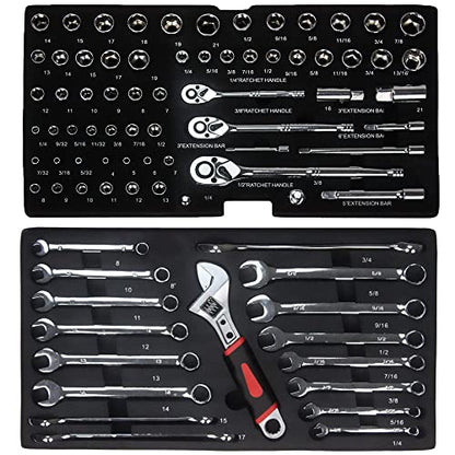 Runboll Mechanics Tool Set 339-Piece 3-Drawer Toolbox with Tools Kits Included, with pliers, ball hammer, screwdrivers, wrenches, Hex Keys, and More - color: Red, size: Toolbox w/ Kits