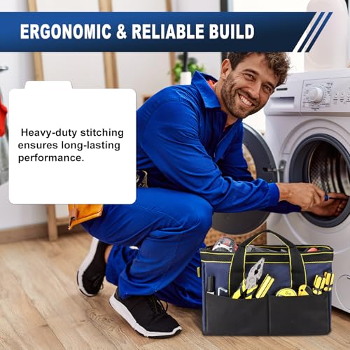 12-Inch Tool Bag with Waterproof Hard Bottom, Durable Wide Mouth Tote Tool Organizer with Multiple Pockets for Electricians Carpenters Mechanics and DIY Projects, Blue