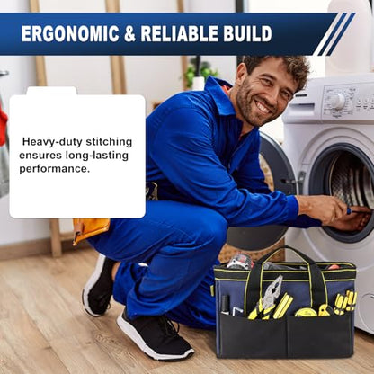 12-Inch Tool Bag with Waterproof Hard Bottom, Durable Wide Mouth Tote Tool Organizer with Multiple Pockets for Electricians Carpenters Mechanics and DIY Projects, Blue