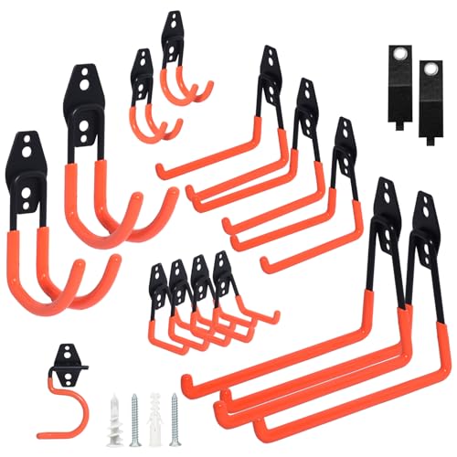 16 Pack Steel Heavy Duty Garage Hooks Storage Hooks with Anti-Slip Coating, Utility Garage Wall Mount Hanger and Organizer for Bikes, Ladder, Rope, Broom, Shovel and Garden Power Tools (16, Orange) - color: Orange