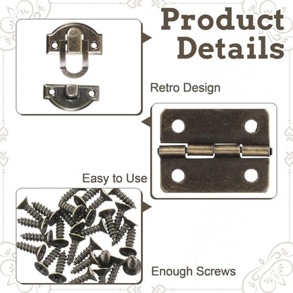 Thinp Antique Bronze Jewelry Box Hinges and Latches, Retro Small Hinges for Wooden Box Metal Small Hinge for Wood Boxes Project Cabinet with Matching Screws (2* Catch + 4* Hinges)