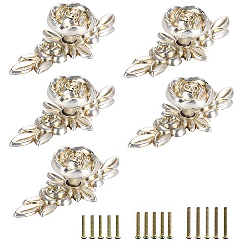 JUXYES Pack of 5 Euro Rose Decorative Cabinet Knobs with Plate, Floral Ivory Drawer Knob Cupboard Door Knobs, Ivory White Drawer Pulls Cabinet Handle Knobs for Dresser Cabinet - color: Antique Silver, size: Small