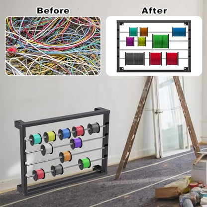 SELEWARE Heavy Duty Wall-Mounted Wire Spool Rack – Cable Reel Holder and Dispenser with 4 Adjustable Stainless Steel Rods for Industrial, Electrical, and Retail Storage and Display (Black) - color: C: Black Wall Mounted Wire Spool Rack (4 Rods)