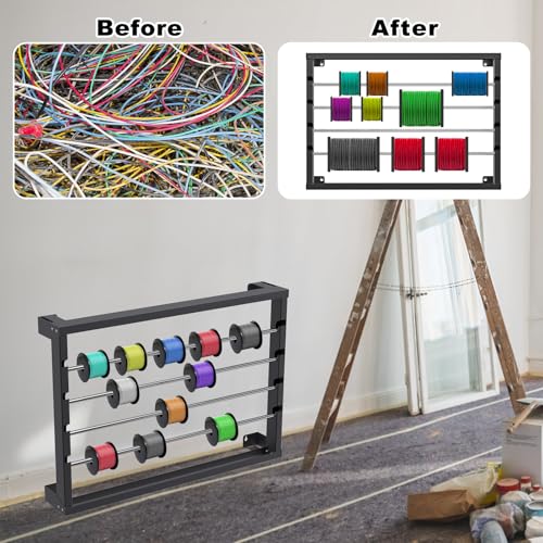 SELEWARE Heavy Duty Wall-Mounted Wire Spool Rack – Cable Reel Holder and Dispenser with 4 Adjustable Stainless Steel Rods for Industrial, Electrical, and Retail Storage and Display (Black) - color: C: Black Wall Mounted Wire Spool Rack (4 Rods)