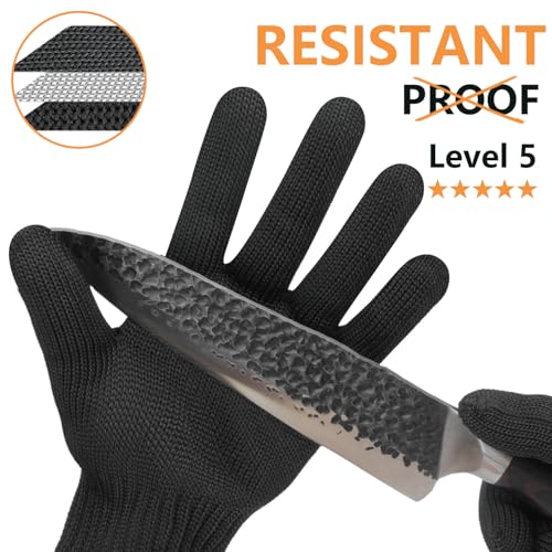 Cut Resistant Gloves Food Grade, Level 5 Protection,Safety Dexterity Cutting Gloves with Stainless Steel Wire for Kitchen Chefs Butchers Meat Cutting Mandoline Oyster Shucking Garden Wood Carving, L - color: Black