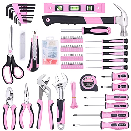FASTPRO Pink Tool Set, 220-Piece Lady's Home Repairing Tool Kit with 12-Inch Wide Mouth Open Storage Tool Bag - color: Pink