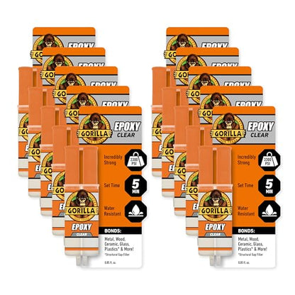 Gorilla 2 Part Epoxy (10 Pack), 5 Minute Set Syringe, 0.85 fl oz, Clear, Gap-Filling Adhesive for Metal, Wood, Ceramic, Glass and Plastics, Indoor & Outdoor Repairs - size: 10 - Pack