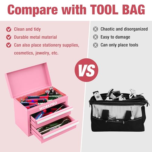 WORKPRO Mini Metal Tool Box with 2 Drawers and Top Storage, Small Tool Chest with PVC Liners and PP Feet Pads, Cold Rolled Steel Toolbox with Magnetic Tab - Pink Ribbon - color: Pink