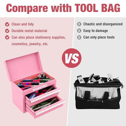 WORKPRO Mini Metal Tool Box with 2 Drawers and Top Storage, Small Tool Chest with PVC Liners and PP Feet Pads, Cold Rolled Steel Toolbox with Magnetic Tab - Pink Ribbon - color: Pink