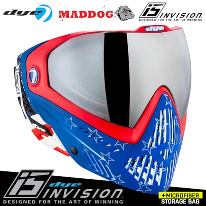 Maddog Dye i5 Thermal Anti-Fog Paintball Airsoft Mask Goggle System Combo with Microfiber Bag | Safety Certified Protection - color: Merica Red/White/Blue