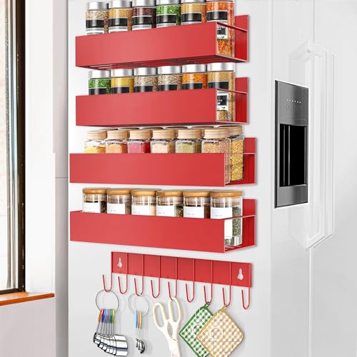 SMRCAD Magnetic Spice Rack Organizer for Fridge Seasoning Organizer for Kitchen storage with Screw Magnetic Shelf with Hook for Refrigerator and Oven (4pack1hook-Red) - color: 4pack1hook-Red