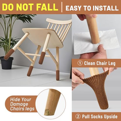 16 PCS Brown Furniture Leg Socks - Knitted Chair Leg Floor Protectors for Hardwood Floors - Fits Round and Square Legs - High Elastic Bar Stool Chair Leg Covers Furniture Caps Set for All Shapes - size: 16 Pcs Brown
