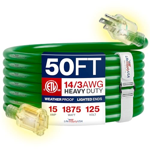 50ft Outdoor/Indoor Extension Cord 14/3 Gauge Heavy Duty 3 Prong SJTW, Waterproof, ETL Listed, Flexible Cold-Resistant Long Power Cord,15A 125V 1875W, Green by LifeSupplyUSA - color: Green, size: 50 FT, style: 14 Gauge (HEAVY DUTY)