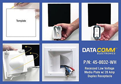 DATA COMM Electronics 45-0032-WH Commercial Grade Recessed AV/HDMI Cable Conceal Plate, 20 Amp Dual Power Receptacle, White – Low Profile, Large Cable Pass-Through, Secure Drywall Mounting - style: with 20 Amp Dual Power Receptacle