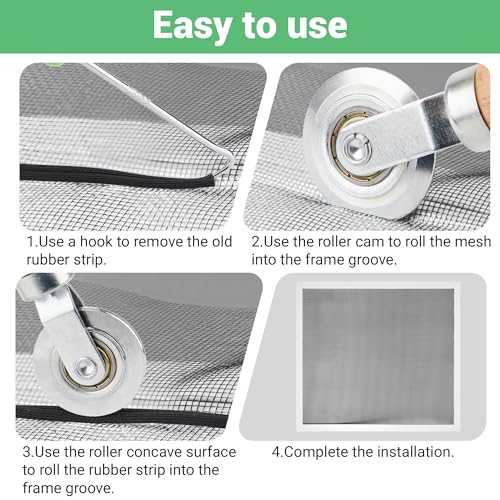 Screen Repair Kit, 32 ft Screen Retainer Spline, Spline Steel Roller, Removal Hook, 3 in 1 Screen Roller Tool, for Replacing & Installing Door Window Mesh