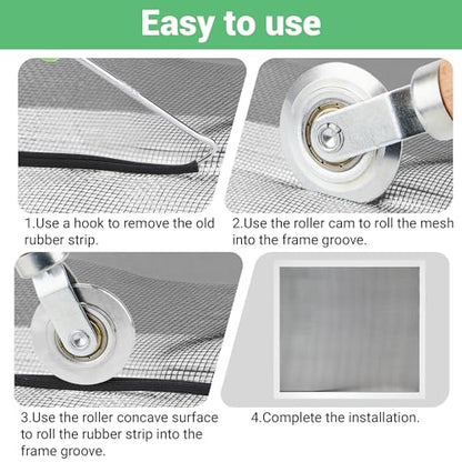 Screen Repair Kit, 32 ft Screen Retainer Spline, Spline Steel Roller, Removal Hook, 3 in 1 Screen Roller Tool, for Replacing & Installing Door Window Mesh