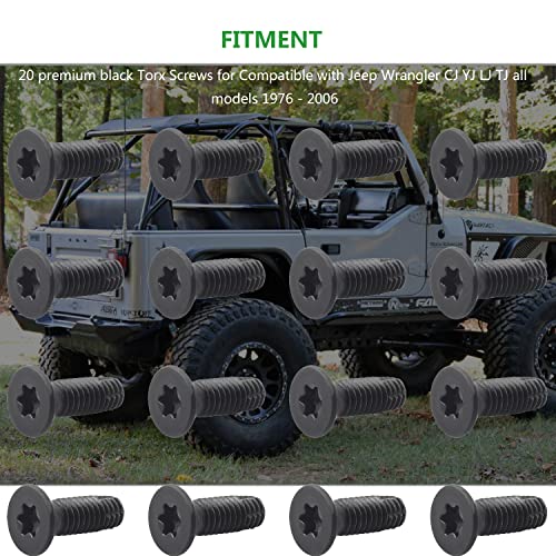 Windshield Door Tailgate Hinge Torx Screws Bolts for Jeep Wrangler CJ YJ LJ TJ 1976-2006，Replacement for Doors, Windshield,Roll Bar,Tailgate and Soft-Top Torx (Pack of 20)