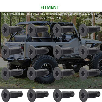 Windshield Door Tailgate Hinge Torx Screws Bolts for Jeep Wrangler CJ YJ LJ TJ 1976-2006，Replacement for Doors, Windshield,Roll Bar,Tailgate and Soft-Top Torx (Pack of 20)