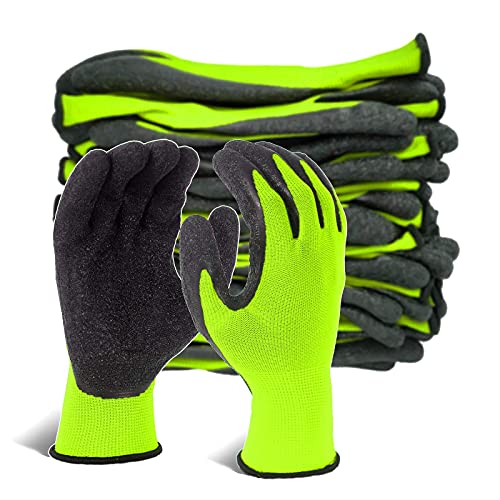 Evridwear Crinkle Latex Rubber Hand Coated Safety Work Gloves for Men Women General Multi Use Construction Warehouse Gardening Assembly Landscaping (Large, Green 12 Pairs) - color: Green, size: Large